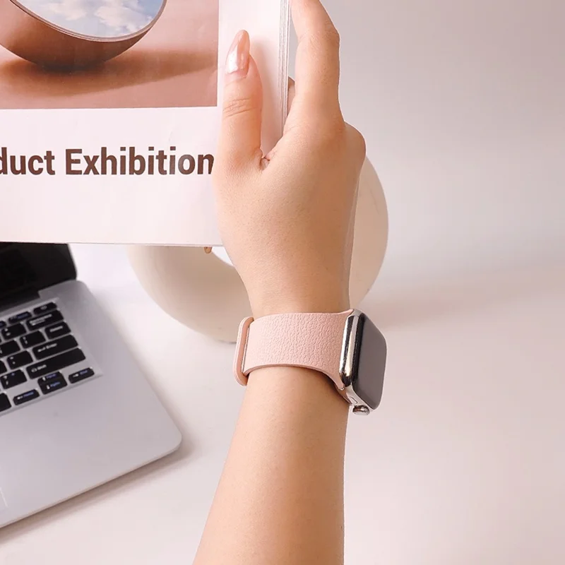 Watch Band For Apple Watch Ultra 3 2 1 49mm / Series 11 10 46mm / 9 8 7 45mm / SE3 SE2 SE 6 5 4 44mm / 3 2 1 42mm Litchi Texture Magnetic Silicone Strap - Rose