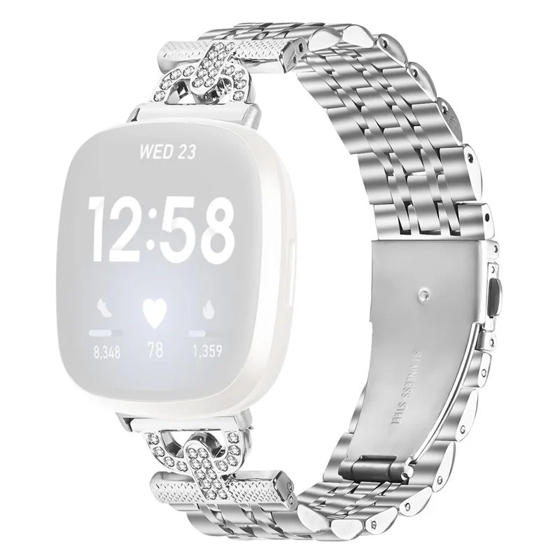 For Fitbit Versa 3 / Sense Watch Band 7-Bead D-Shape Rhinestones Decor Silver Stainless Steel Strap