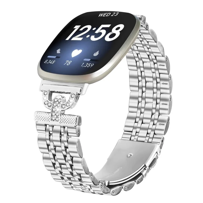 For Fitbit Versa 3 / Sense Watch Band 7-Bead D-Shape Rhinestones Decor Silver Stainless Steel Strap