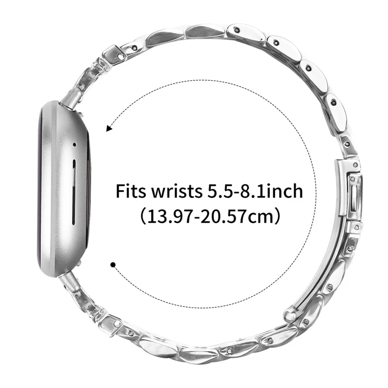 For Fitbit Versa 3 / Sense Watch Band 7-Bead D-Shape Rhinestones Decor Silver Stainless Steel Strap