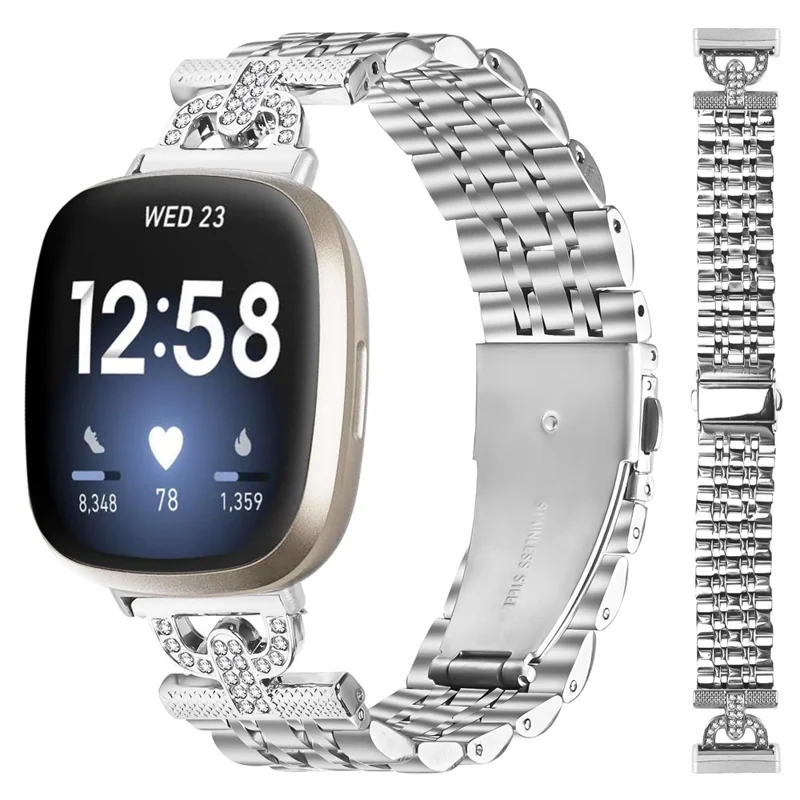 For Fitbit Versa 4 / Sense 2 Watch Band 7-Bead D-Shape Rhinestones Decor Silver Stainless Steel Strap