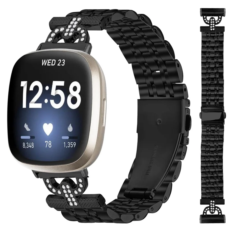 For Fitbit Versa 4 / Sense 2 Watch Band 7-Bead D-Shape Rhinestones Decor Stainless Steel Colored Watch Strap - Black