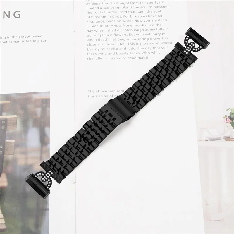 For Fitbit Versa 4 / Sense 2 Watch Band 7-Bead D-Shape Rhinestones Decor Stainless Steel Colored Watch Strap - Black