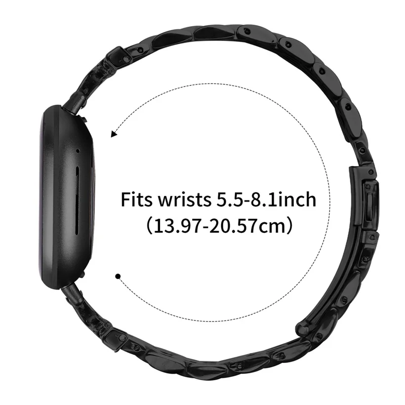 For Fitbit Versa 4 / Sense 2 Watch Band 7-Bead D-Shape Rhinestones Decor Stainless Steel Colored Watch Strap - Black