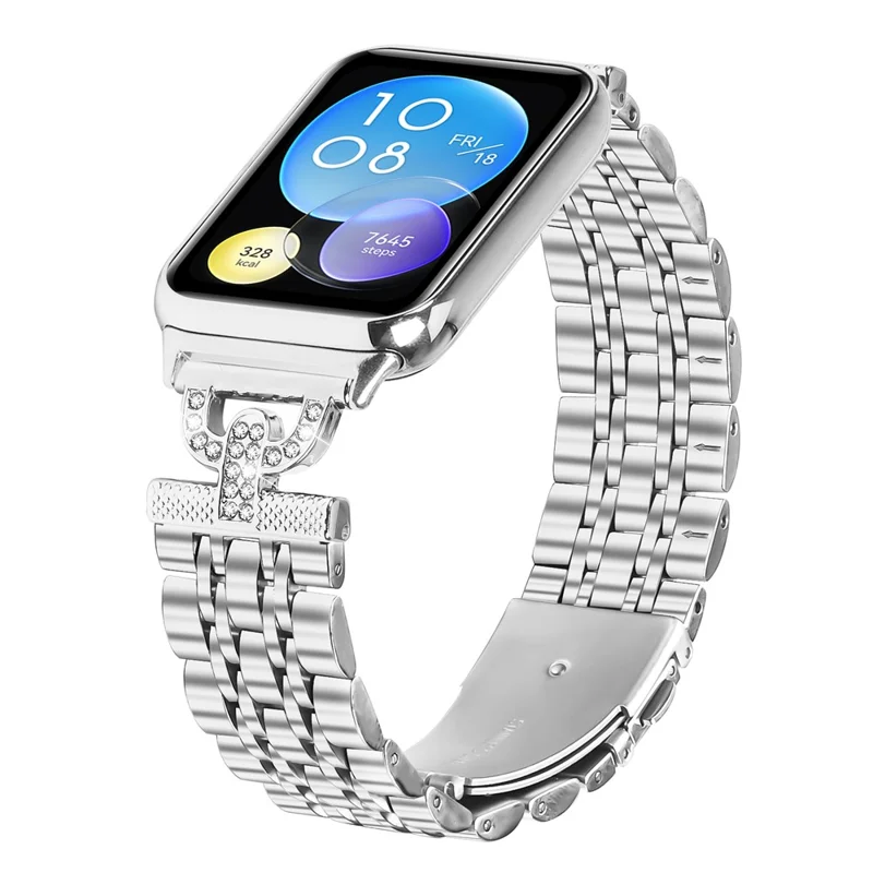 Bande de montre Xiaomi Smart Band 8 Pro 7 perles Décor de strass en forme de D Bracelet en acier inoxydable argenté