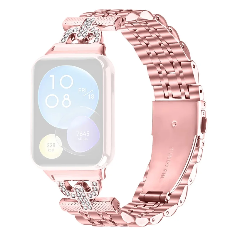 For Xiaomi Smart Band 8 Pro Watch Band 7-Bead D-Shape Rhinestones Decor Stainless Steel Colored Watch Strap - Rose Pink