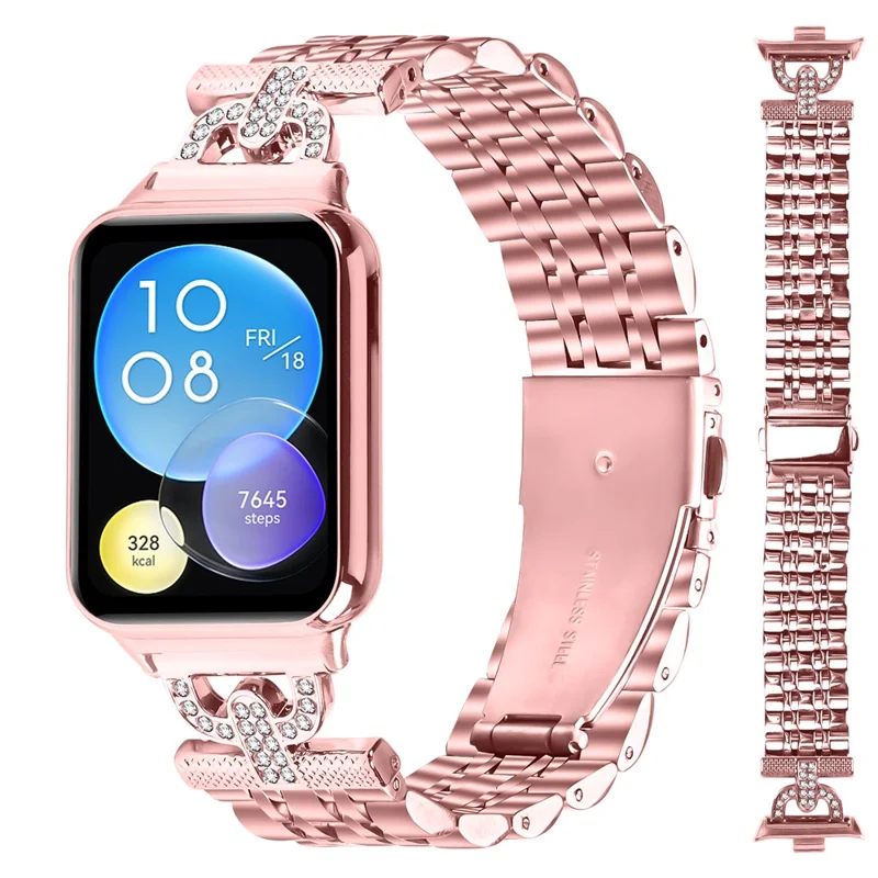 For Xiaomi Smart Band 8 Pro Watch Band 7-Bead D-Shape Rhinestones Decor Stainless Steel Colored Watch Strap - Rose Pink