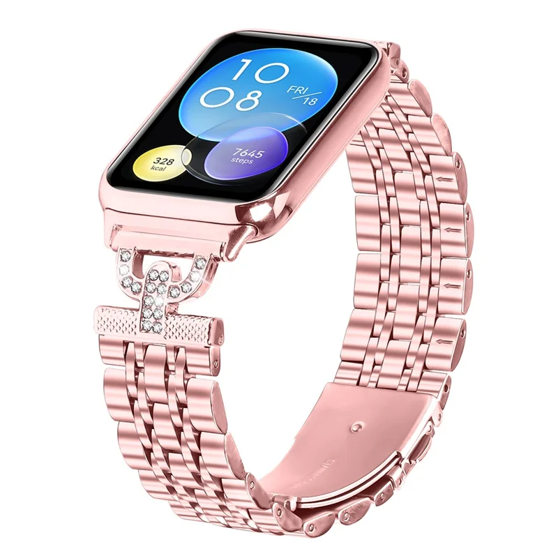 For Xiaomi Smart Band 8 Pro Watch Band 7-Bead D-Shape Rhinestones Decor Stainless Steel Colored Watch Strap - Rose Pink