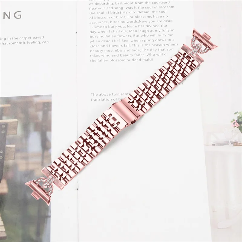 For Xiaomi Smart Band 8 Pro Watch Band 7-Bead D-Shape Rhinestones Decor Stainless Steel Colored Watch Strap - Rose Pink