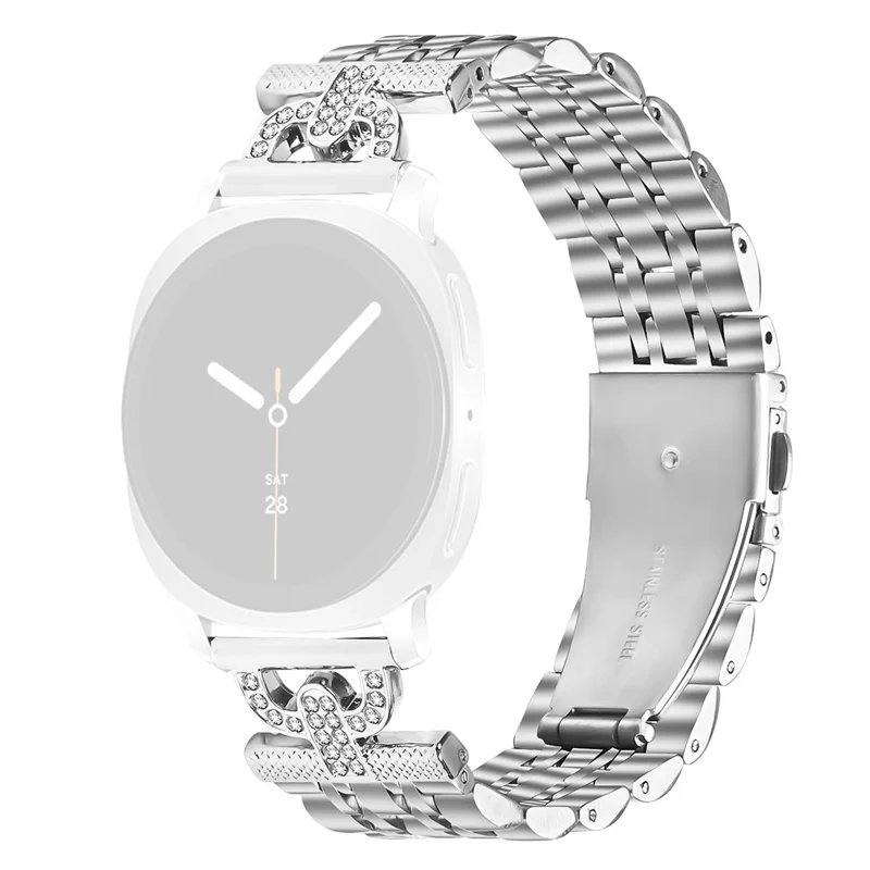 Armband für Samsung Galaxy Watch8 Classic 46mm / Watch8 44mm / 40mm 7-Perlen D-Form Rhinestones Dekor Silber Edelstahlarmband