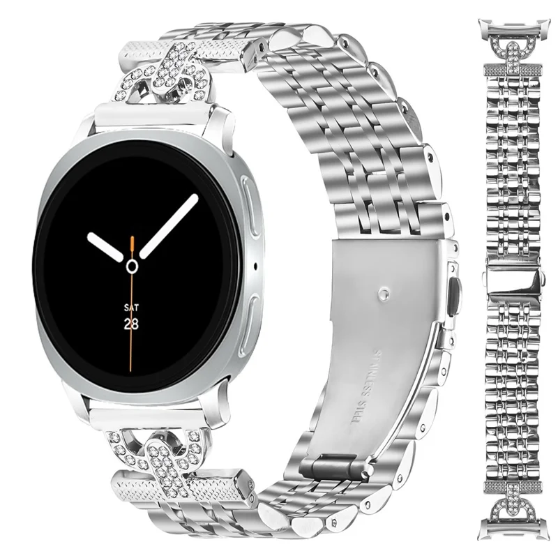 Armband für Samsung Galaxy Watch8 Classic 46mm / Watch8 44mm / 40mm 7-Perlen D-Form Rhinestones Dekor Silber Edelstahlarmband
