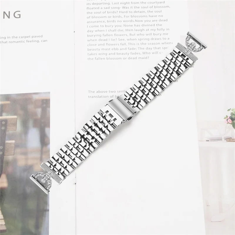 Watch Band for Samsung Galaxy Watch3 41mm / Watch Active2 44mm / 40mm 7-Bead D-Shape Rhinestones Decor Silver Stainless Steel Strap