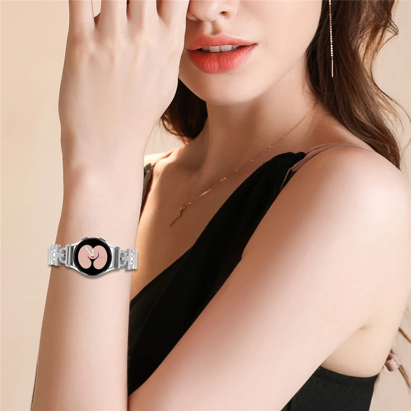 Watch Band with Connector for Samsung Galaxy Watch7 44mm / 40mm D-Shape Rhinestones Decor Silver Stainless Steel Strap