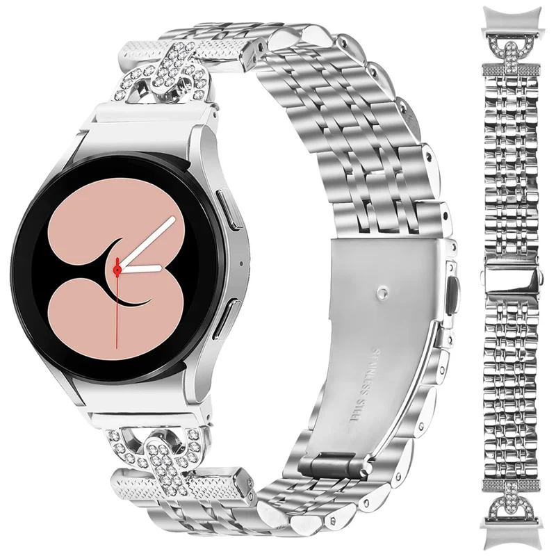 Watch Band for Samsung Galaxy Watch7 44mm / 40mm D-Shape Rhinestones Stainless Steel Silver Strap with Quick Release Connector
