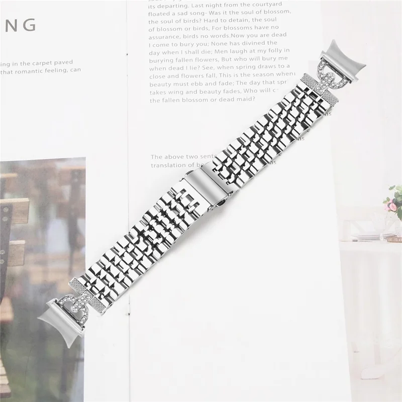 Watch Band for Samsung Galaxy Watch7 44mm / 40mm D-Shape Rhinestones Stainless Steel Silver Strap with Quick Release Connector