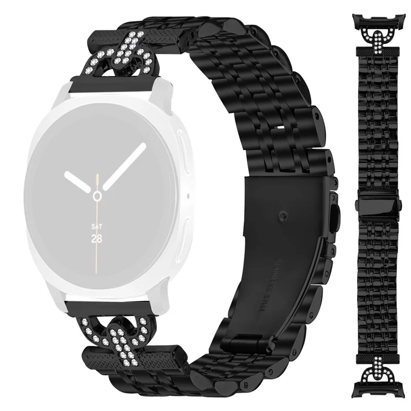 Watch Band for Samsung Galaxy Watch8 Classic 46mm / Watch8 44mm / 40mm 7-Bead D-Shape Rhinestones Decor Stainless Steel Colored Watch Strap - Black