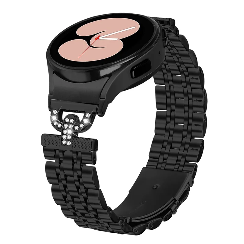 Colored Watch Band with Connector for Samsung Galaxy Watch7 44mm / 40mm D-Shape Rhinestones Decor Stainless Steel Strap - Black