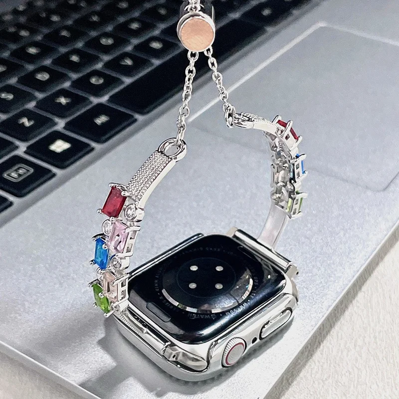 Colored Square Rhinestones Watch Band for Apple Watch Series 11 10 42mm / 9 8 7 41mm / SE3 SE2 SE 6 5 4 40mm / 3 2 1 38mm Drawstring Metal Strap - Silver