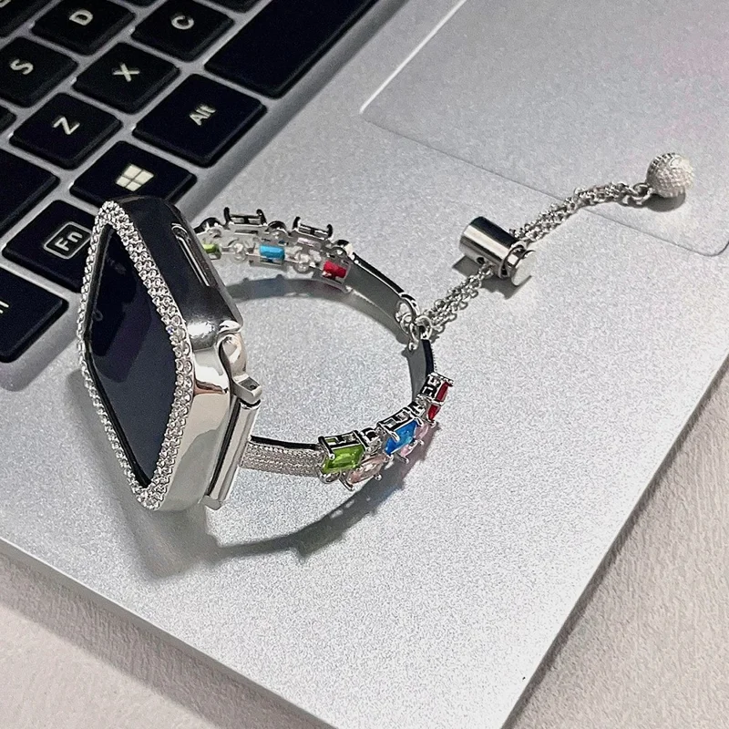Colored Square Rhinestones Watch Band for Apple Watch Series 11 10 42mm / 9 8 7 41mm / SE3 SE2 SE 6 5 4 40mm / 3 2 1 38mm Drawstring Metal Strap - Silver