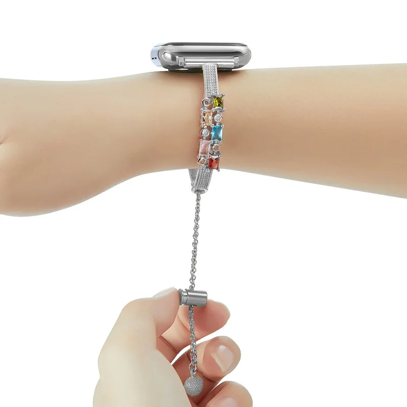 Colored Square Rhinestones Watch Band for Apple Watch Series 11 10 42mm / 9 8 7 41mm / SE3 SE2 SE 6 5 4 40mm / 3 2 1 38mm Drawstring Metal Strap - Silver