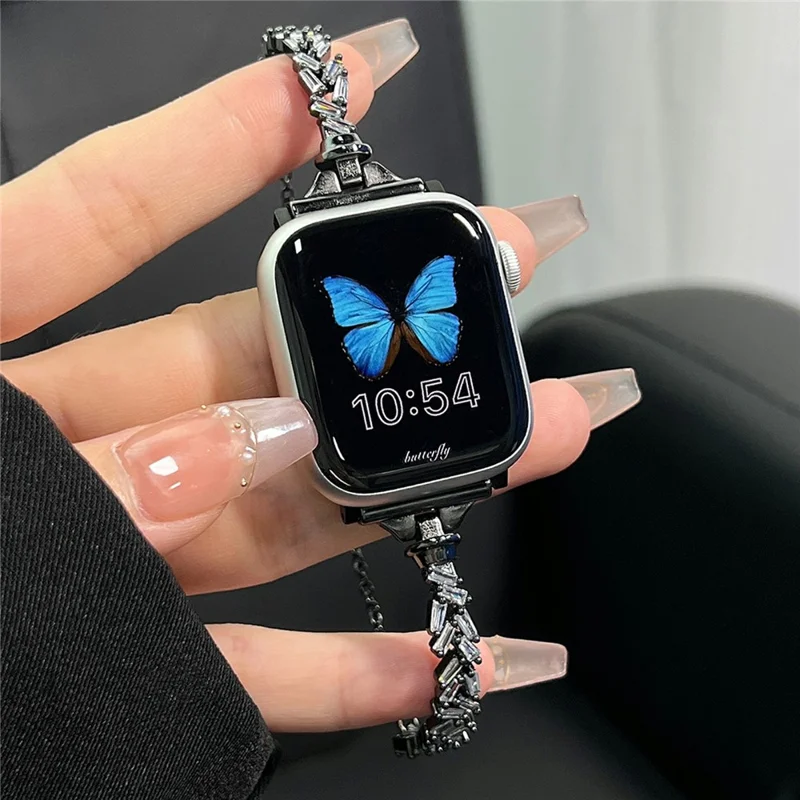 Armband mit funkelnden Strass-Steinen für Apple Watch Series 10 9 8 7 SE 6 5 4 3 2 1 42mm 41mm 40mm 38mm Zugschnur-Kette Uhrenarmband - Schwarz