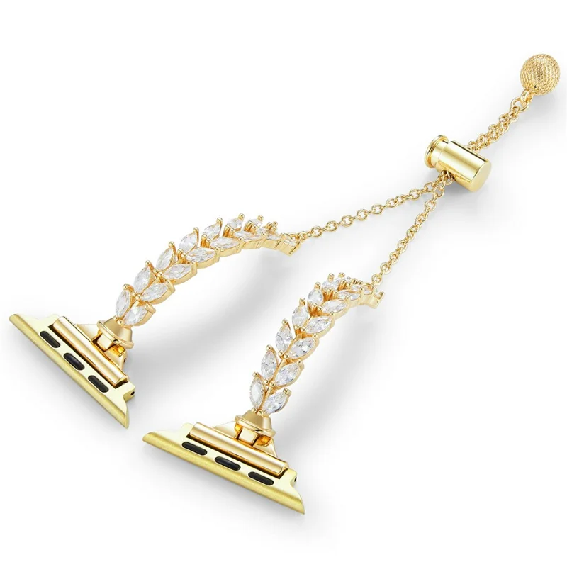 Metal Watch Band for Apple Watch Series 11 10 42mm / 9 8 7 41mm / SE3 SE2 SE 6 5 4 40mm / 3 2 1 38mm Bracelet Strap Leaves Design Rhinestone Decor - Gold