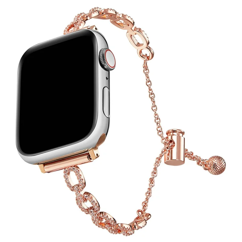 Metal Bracelet Strap for Apple Watch Series 10 9 8 7 SE 6 5 4 3 2 1 42mm 41mm 40mm 38mm Loop Link Rhinestone Watch Band - Rose Gold