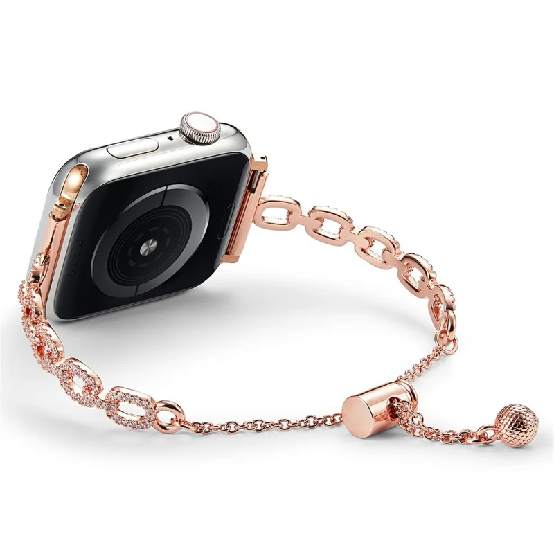 Metal Bracelet Strap for Apple Watch Series 10 9 8 7 SE 6 5 4 3 2 1 42mm 41mm 40mm 38mm Loop Link Rhinestone Watch Band - Rose Gold