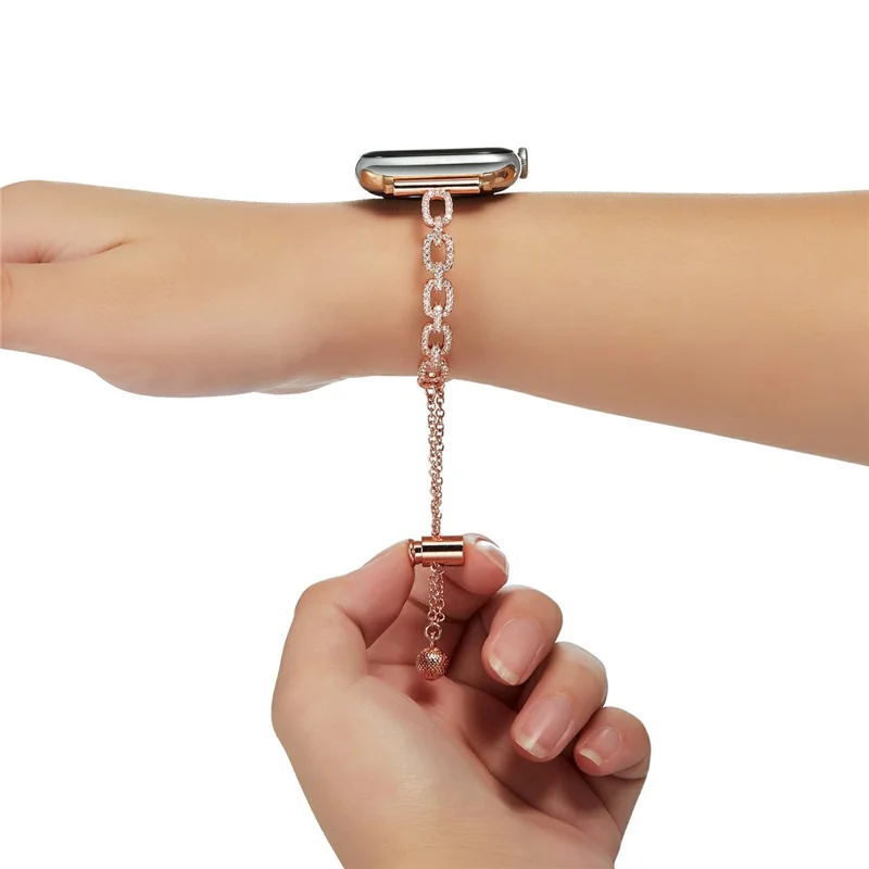 Metal Bracelet Strap for Apple Watch Series 10 9 8 7 SE 6 5 4 3 2 1 42mm 41mm 40mm 38mm Loop Link Rhinestone Watch Band - Rose Gold