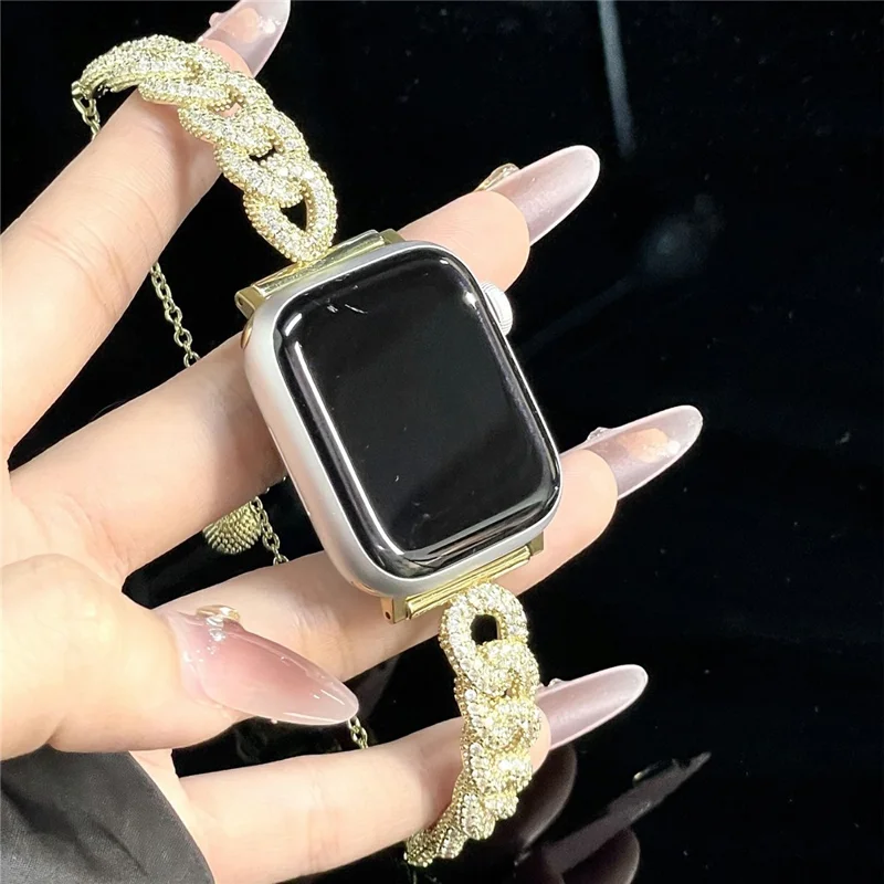 Correa de metal para Apple Watch Series 10 9 8 7 SE 6 5 4 3 2 1 42mm 41mm 40mm 38mm Decoración de Rhinestone Diseño de Cordón Correa de Reloj - Oro
