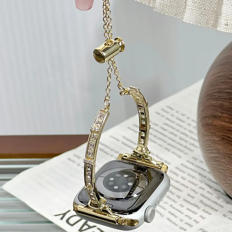 Slim Watch Band for Apple Watch Series 11 10 42mm / 9 8 7 41mm / SE3 SE2 SE 6 5 4 40mm / 3 2 1 38mm Drawstring Metal Bracelet with Rhinestone - Gold