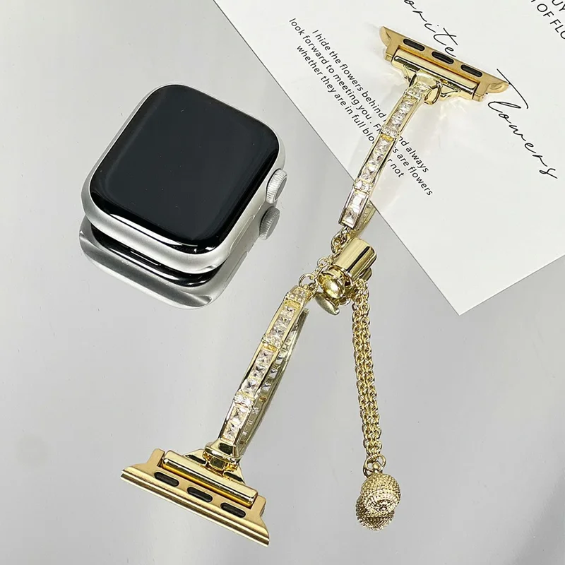 Slim Watch Band for Apple Watch Series 11 10 42mm / 9 8 7 41mm / SE3 SE2 SE 6 5 4 40mm / 3 2 1 38mm Drawstring Metal Bracelet with Rhinestone - Gold