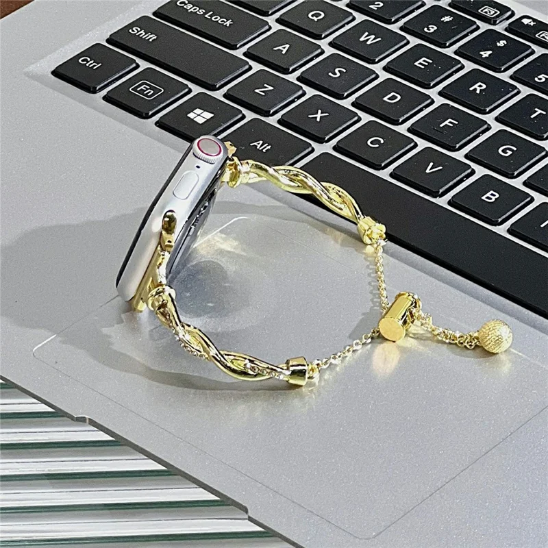 Correa de metal para Apple Watch Series 10 9 8 7 SE 6 5 4 3 2 1 42mm 41mm 40mm 38mm Diseño de cordón Banda de reloj Decorada con Rhinestones - Oro