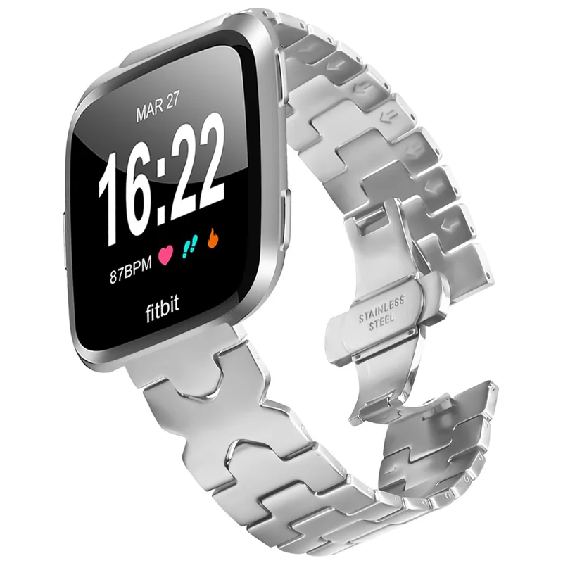 Watch Band for Fitbit Versa  /  Versa Lite  /  Versa 2 Stainless Steel Strap with X-Shaped Butterfly Clasp - Silver