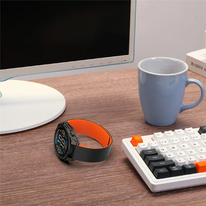 For Garmin Instinct E 40mm / Fenix 8 43mm Watch Band Quick Release Silicone Magnetic Strap - Black  /  Orange