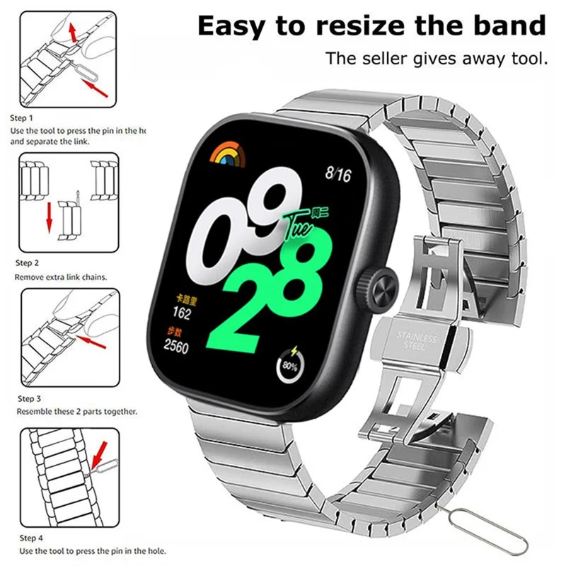 Stainless Steel Watch Band for Xiaomi Redmi Watch 5 / 4 / Smart Band 9 Pro / Smart Band 8 Pro Butterfly Clasp Wrist Strap - Black