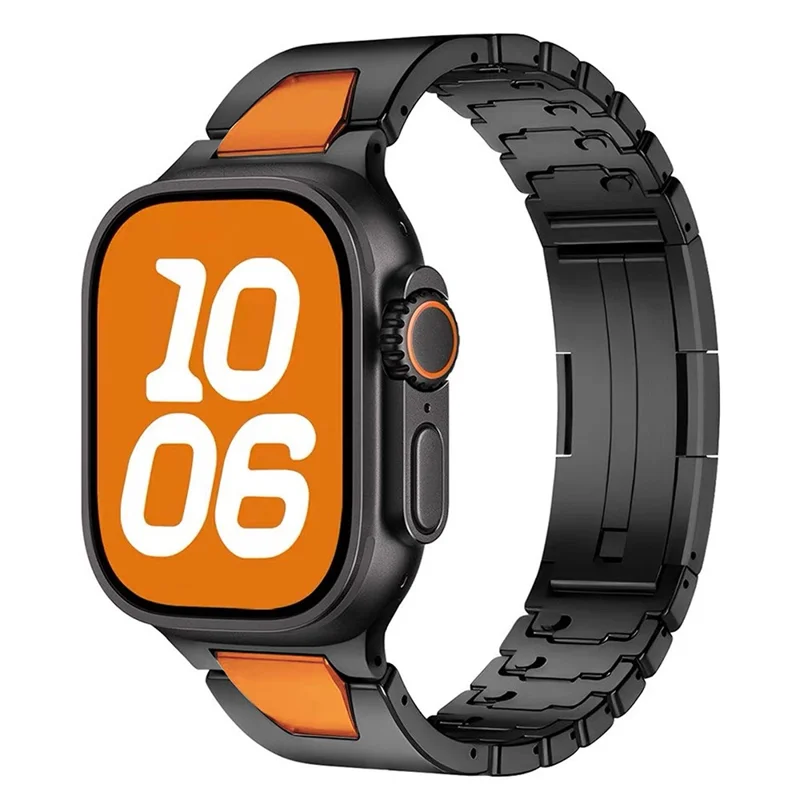 Stainless Steel Watchband for Apple Watch Ultra 3 2 1 49mm / Series 11 10 46mm / 9 8 7 45mm / SE3 SE2 SE 6 5 4 44mm / 3 2 1 42mm H-Shaped Clasp Strap - Black / Orange