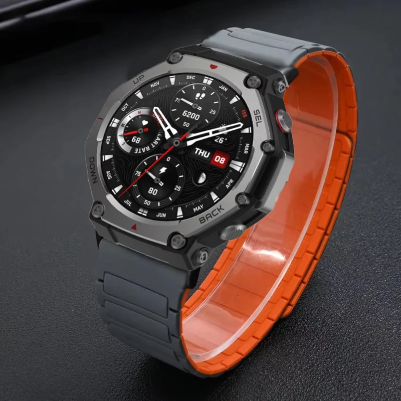 For Huami Amazfit T-Rex 2 Magnetic Silicone Watch Band Dual Color Adjustable Strap - Black / Orange