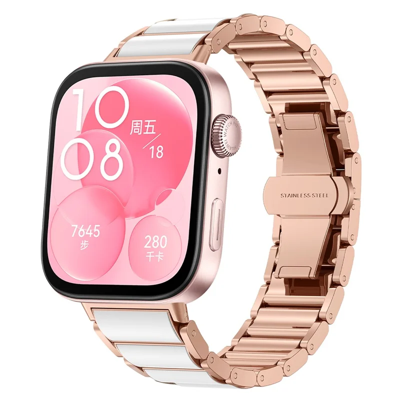 For Huawei Watch Fit 2 Metal Watch Band Imitation Ceramic Butterfly Clasp Wrist Strap - Rose Gold