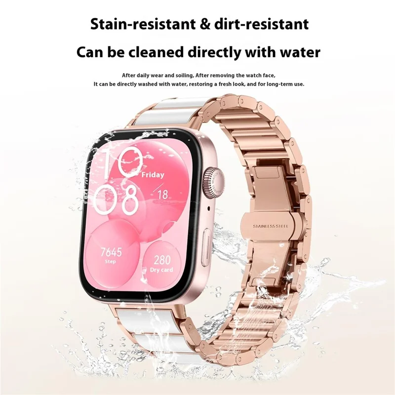 For Huawei Watch Fit 2 Metal Watch Band Imitation Ceramic Butterfly Clasp Wrist Strap - Rose Gold