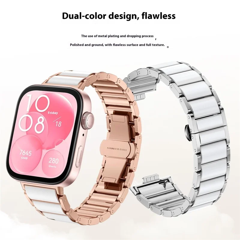For Huawei Watch Fit Metal Watch Band Imitation Ceramic Butterfly Clasp Wrist Strap - Rose Gold