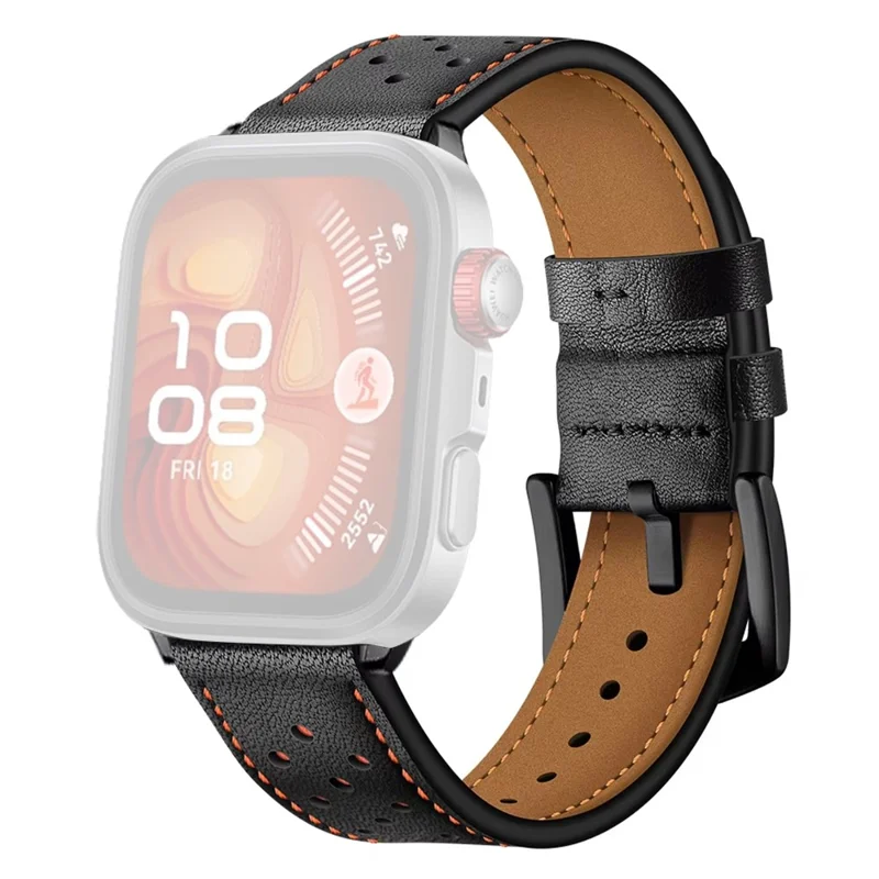 For Huawei Watch Fit Genuine Leather Watch Band Multi-Hole Design Adjustable Strap - Black