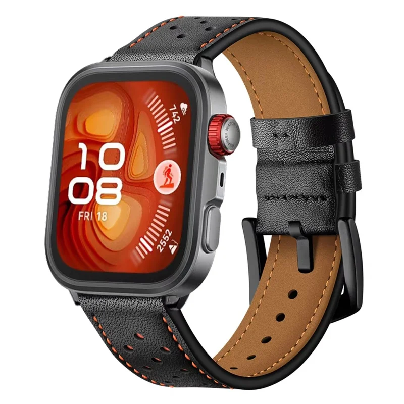For Huawei Watch Fit Genuine Leather Watch Band Multi-Hole Design Adjustable Strap - Black