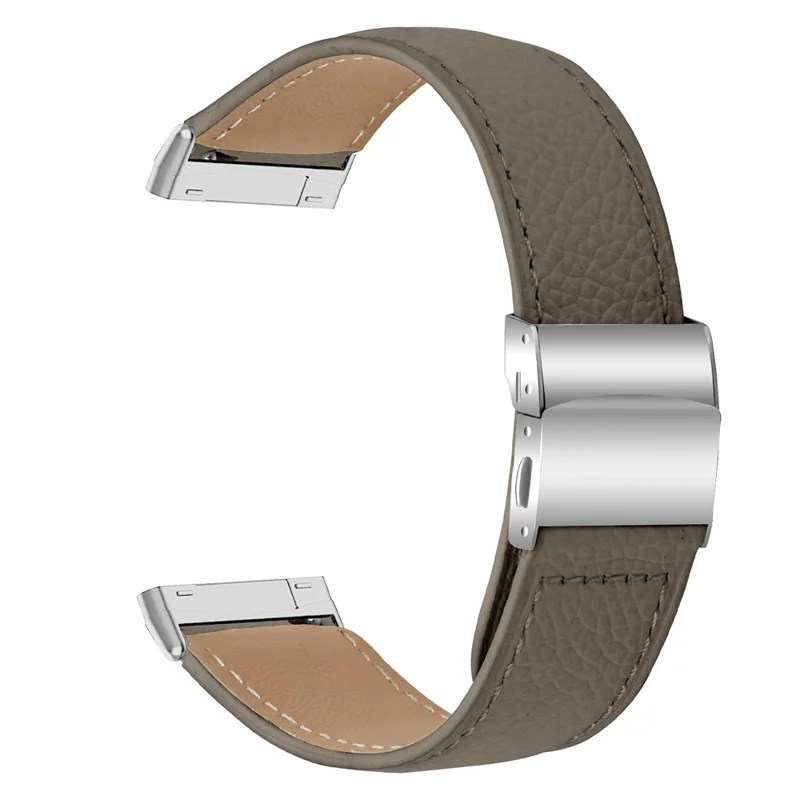 For Fitbit Versa 3  /  Sense Genuine Leather Watch Band with Silver Connector Turtle Back Buckle Wrist Strap - Grey