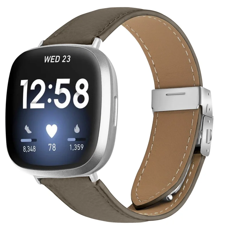 For Fitbit Versa 3  /  Sense Genuine Leather Watch Band with Silver Connector Turtle Back Buckle Wrist Strap - Grey
