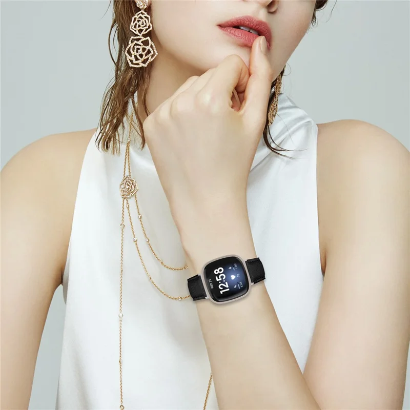 For Fitbit Versa 3  /  Sense Genuine Leather Watch Band with Silver Connector Turtle Back Buckle Wrist Strap - Grey