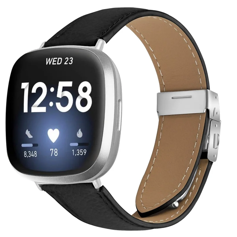 For Fitbit Versa 4  /  Sense 2 Genuine Leather Watch Band with Silver Connector Turtle Back Buckle Wrist Strap - Black