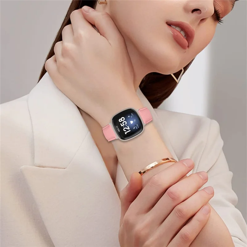 For Fitbit Versa 4  /  Sense 2 Genuine Leather Watch Band with Silver Connector Turtle Back Buckle Wrist Strap - Black