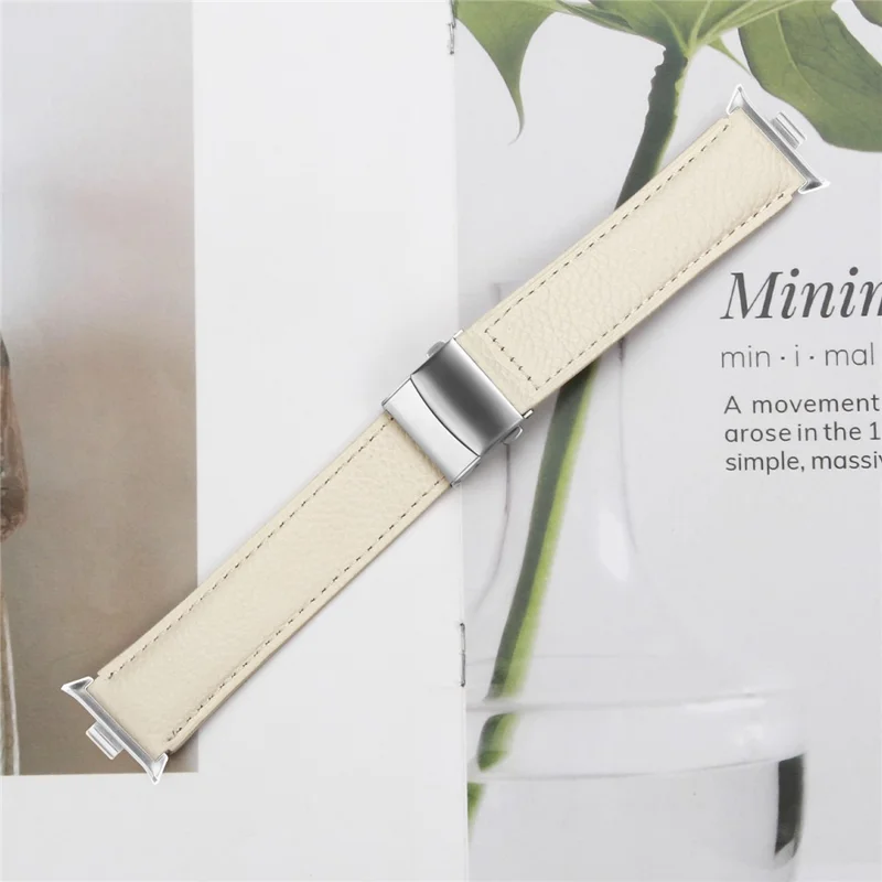 For Xiaomi Smart Band 8  /  9 Pro Genuine Leather Watch Band with Silver Connector Turtle Back Buckle Wrist Strap - Beige