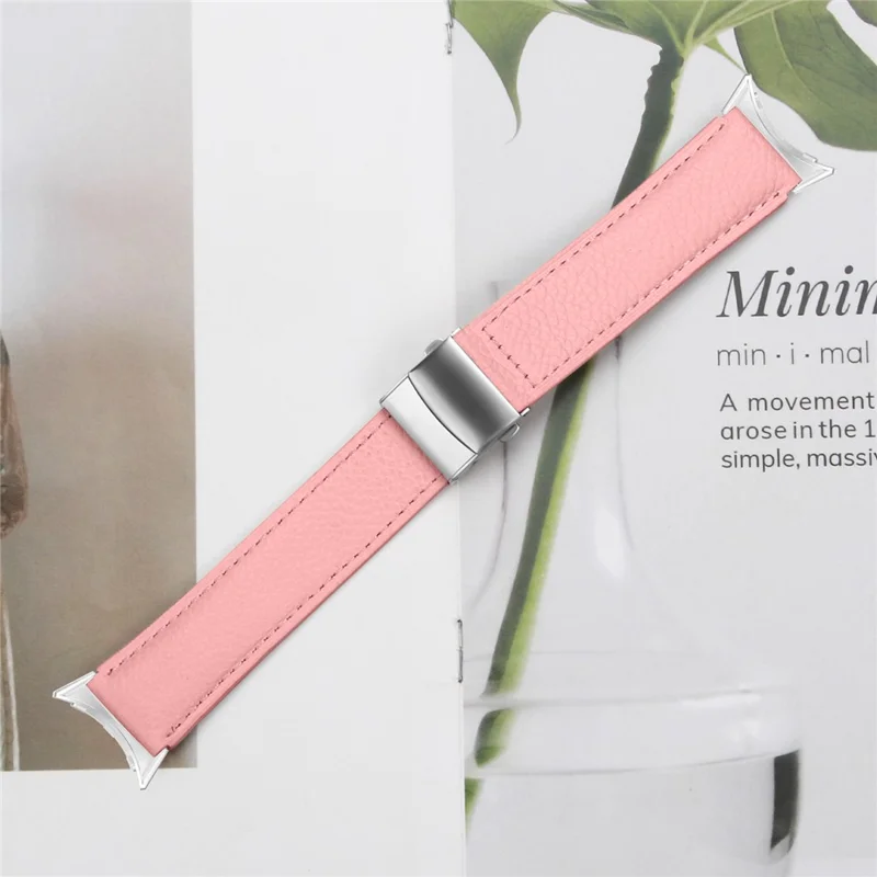 Wrist Strap For Google Pixel Watch 4  /  Watch 3  /  Watch 2  /  Watch 1 41mm Genuine Leather Watch Band with Silver Connector Turtle Back Buckle - Pink